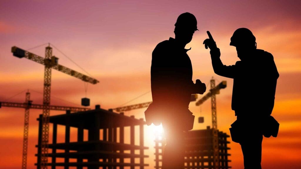 Commercial Construction Concept with Silhouette of Two Workers Wearing Hard Hats and Construction Site in the Background.